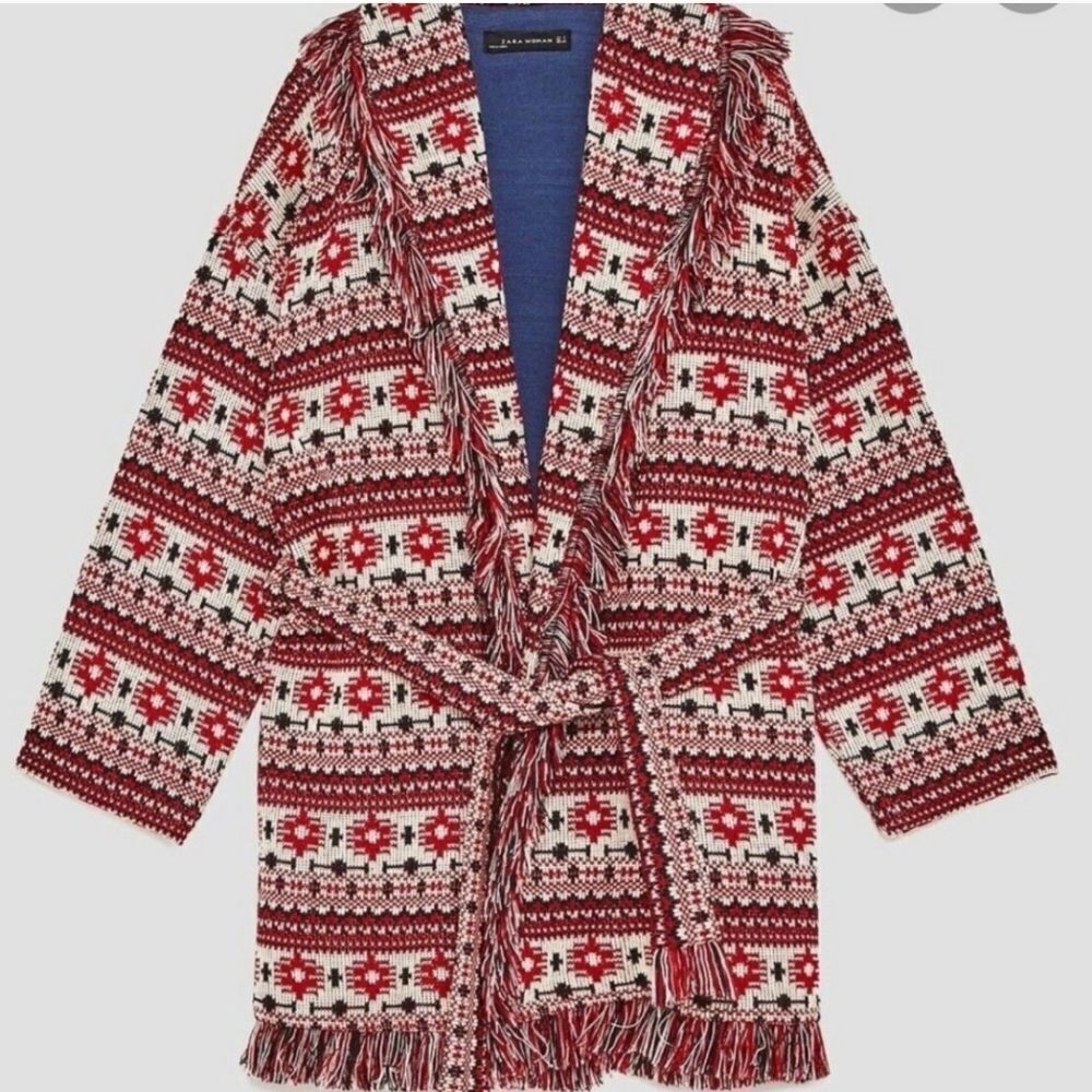 Zara Red & White Patterned Fringe Cardigan
